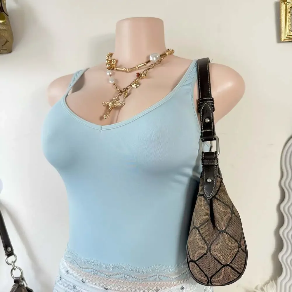 PINK Blue Tank  with Lace Trim top